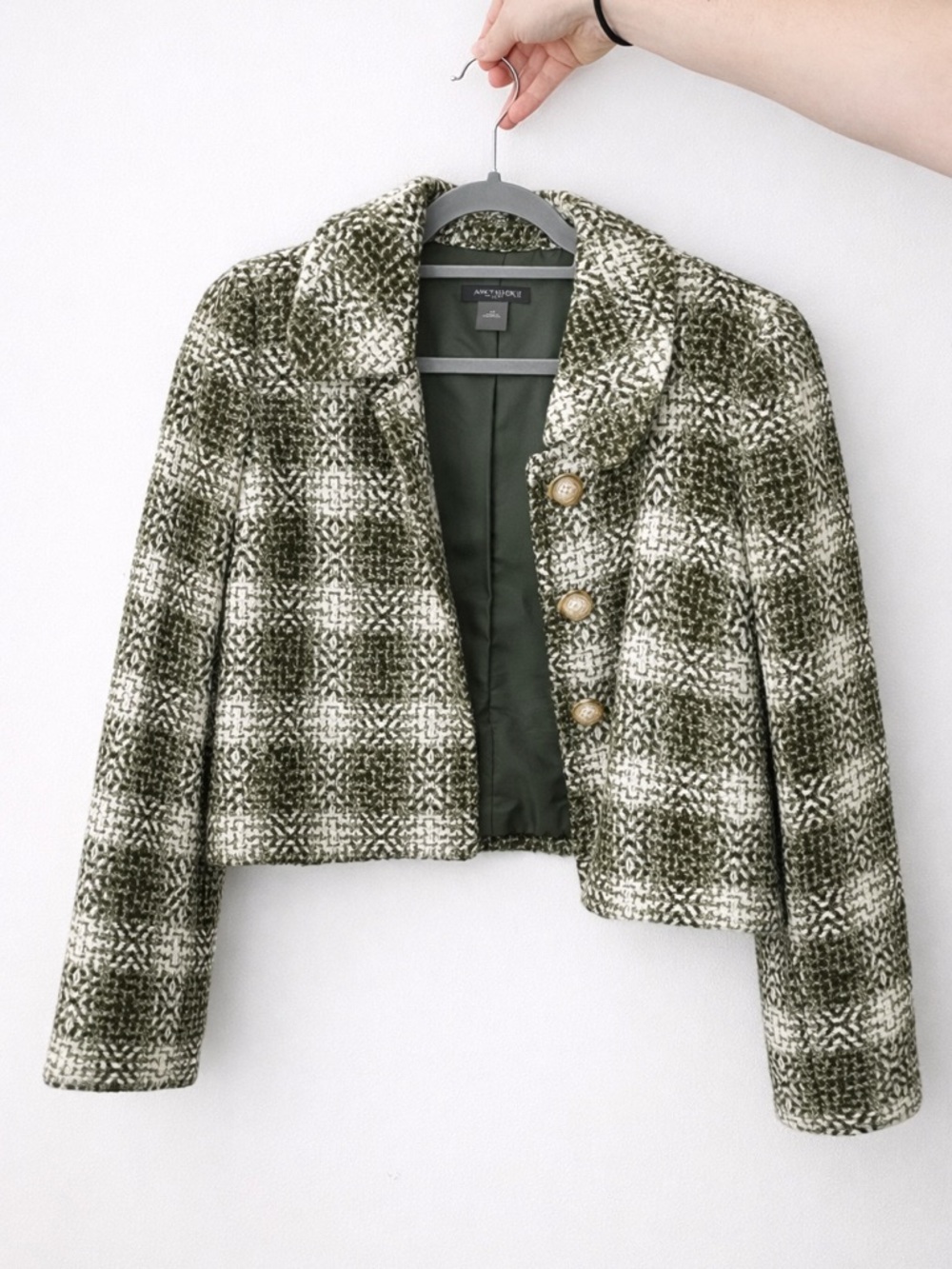 Ann Taylor Petite 6 Green Tweed Cropped Blazer Jacket Button Front